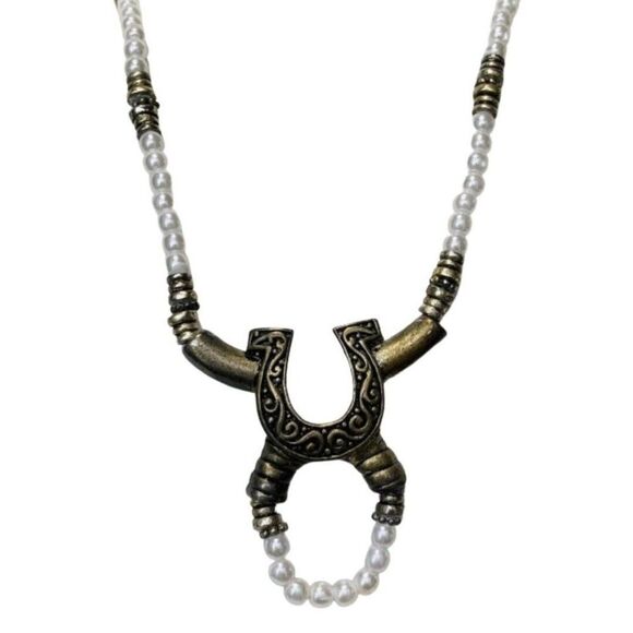 Vintage White Faux Pearl Horse Shoe Brass Long Naja Southwestern Bead Necklace - Picture 1 of 10